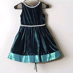 Rare Edition Girls Green Velvet Sleeveless Party Dress w Pearl Bead Accents